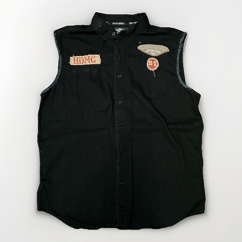 Harley-Davidson Shirt Mens XL Black Sleeveless Skull Patch Button Up 96472-15VM - Picture 2 of 8